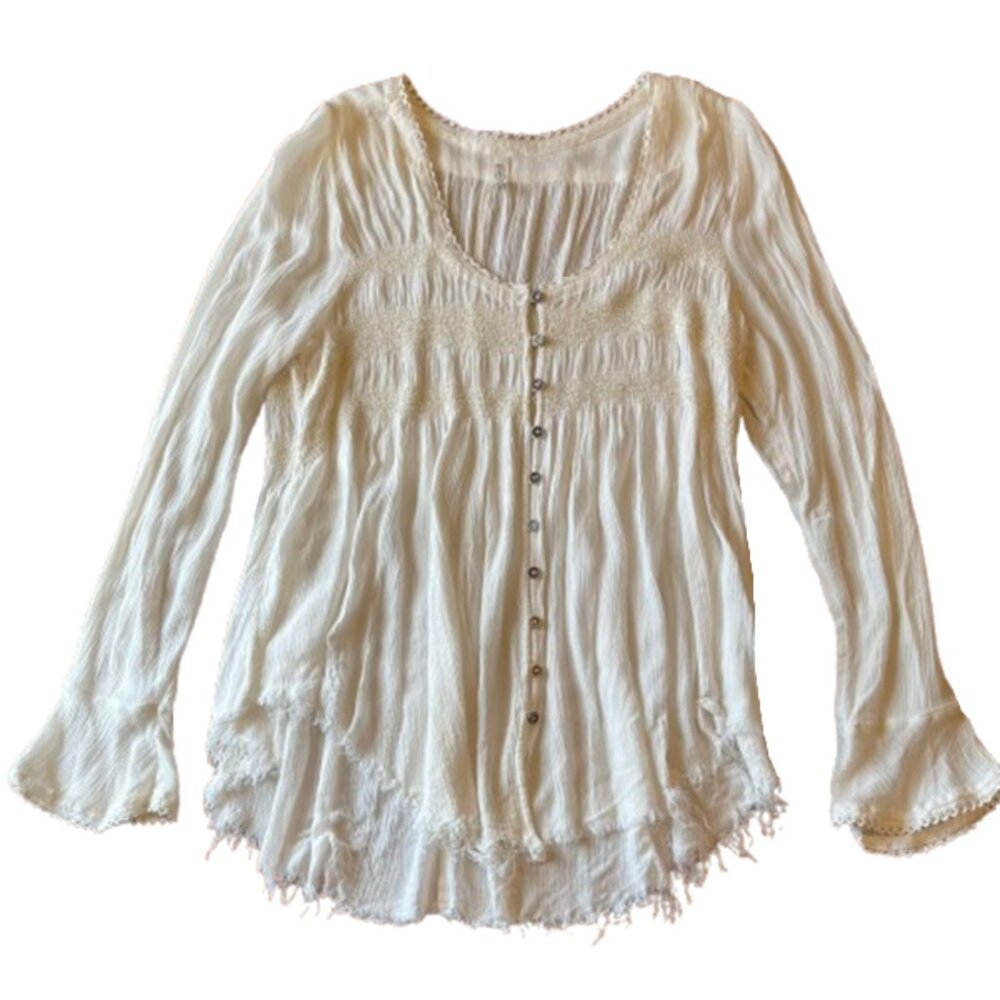 Free People Bluebird Smocked Boho Peasant Top - Picture 3 of 8